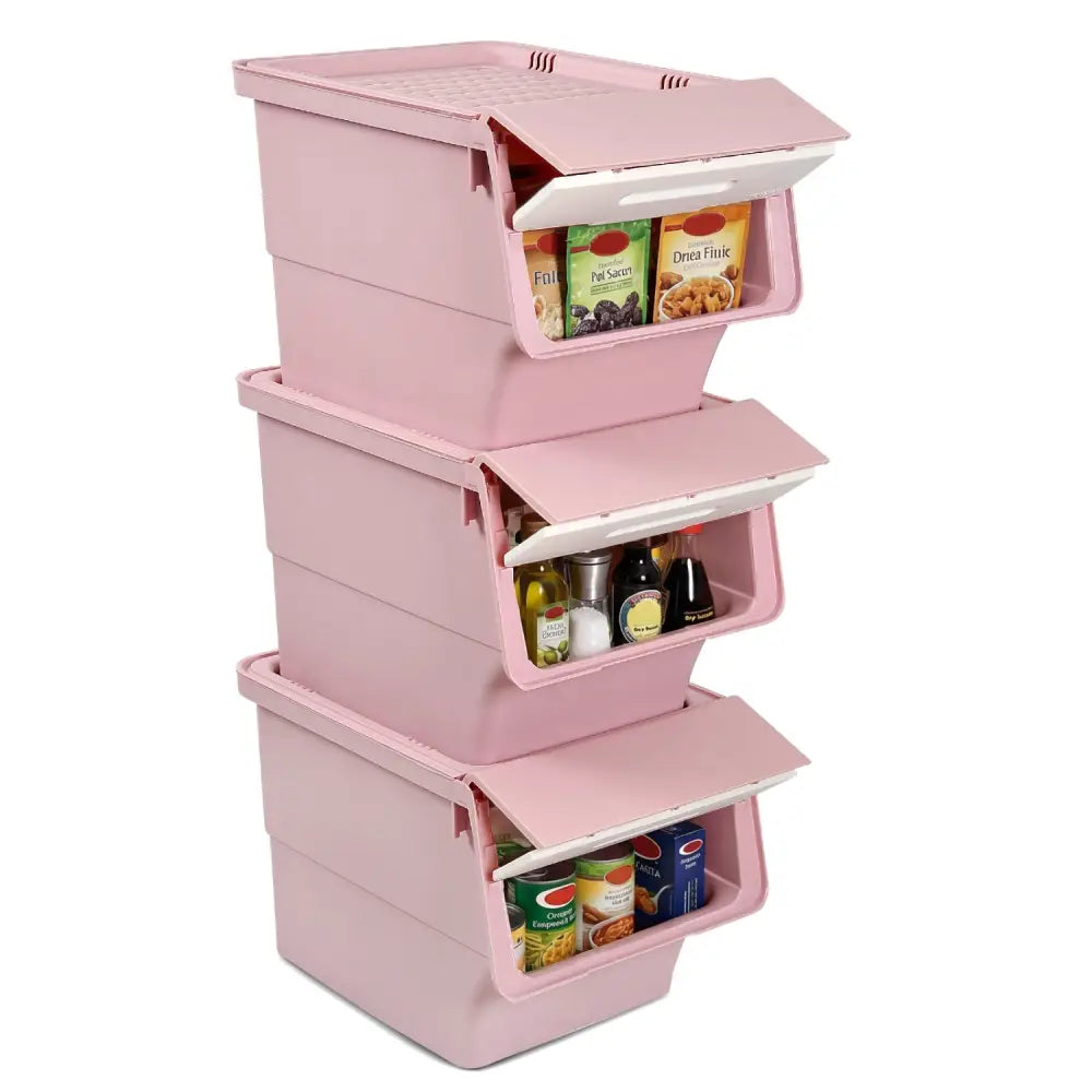 3 Pieces Storage Bins on Wheels Stackable Plastic Boxes with Stay-Open Lid (M)-Pink - Pink - Dressers & Chests