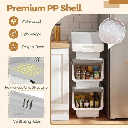 3 Pieces Storage Bins on Wheels Stackable Plastic Boxes with Stay-Open Lid (S)-Gray Costway