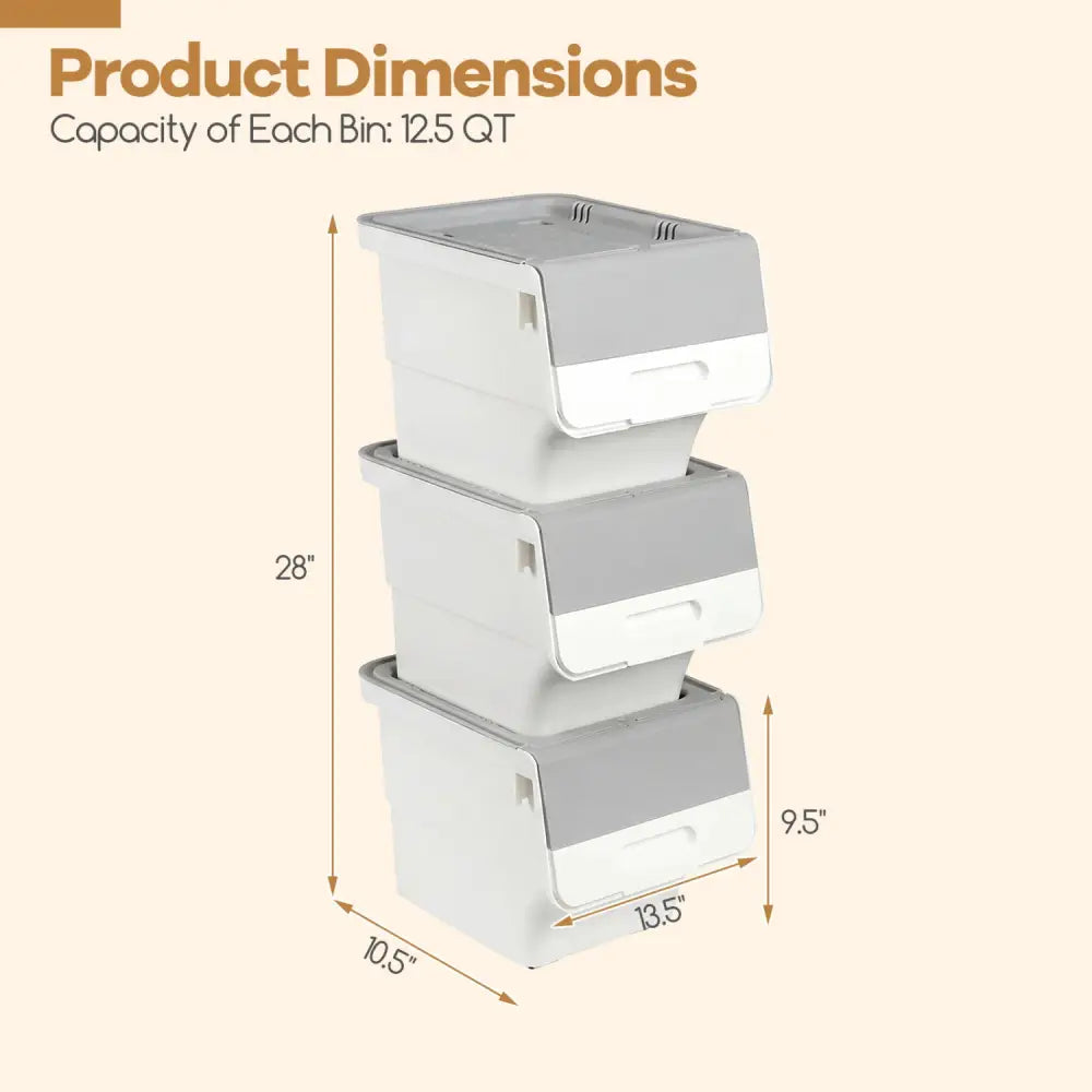 3 Pieces Storage Bins on Wheels Stackable Plastic Boxes with Stay-Open Lid (S)-Gray - Gray - Dressers & Chests