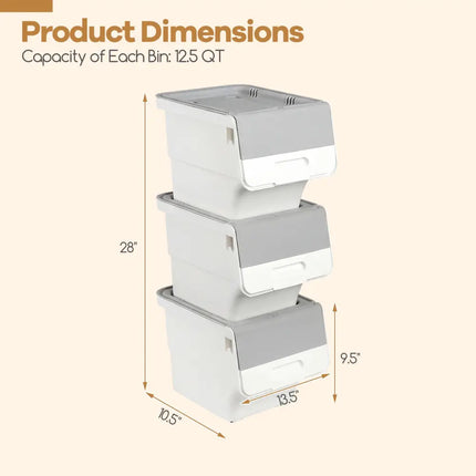 3 Pieces Storage Bins on Wheels Stackable Plastic Boxes with Stay-Open Lid (S)-Gray Costway