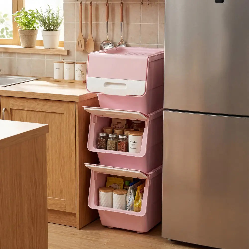 3 Pieces Storage Bins on Wheels Stackable Plastic Boxes with Stay-Open Lid (S)-Pink - Pink - Dressers & Chests