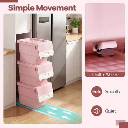 3 Pieces Storage Bins on Wheels Stackable Plastic Boxes with Stay-Open Lid (S)-Pink Costway