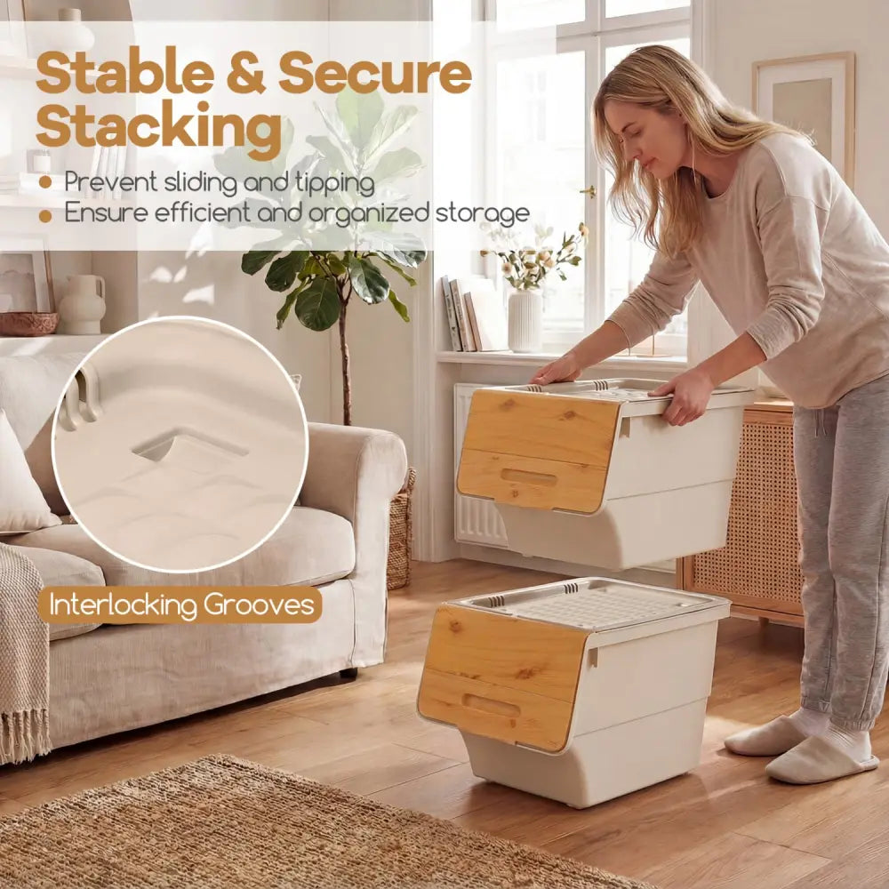 3 Pieces Storage Bins on Wheels Stackable Plastic Boxes with Stay-Open Lid (S)-Orange - Natural - Dressers & Chests