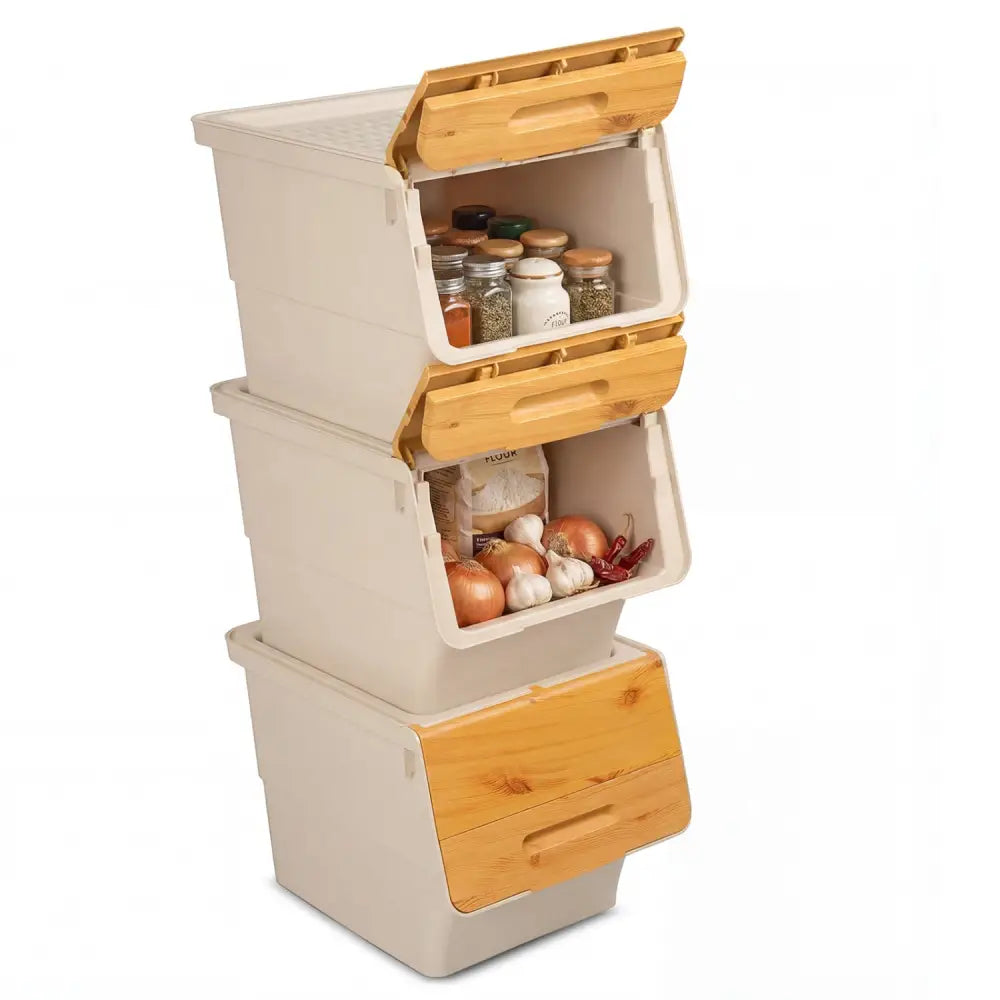 3 Pieces Storage Bins on Wheels Stackable Plastic Boxes with Stay-Open Lid (S)-Orange - Natural - Dressers & Chests