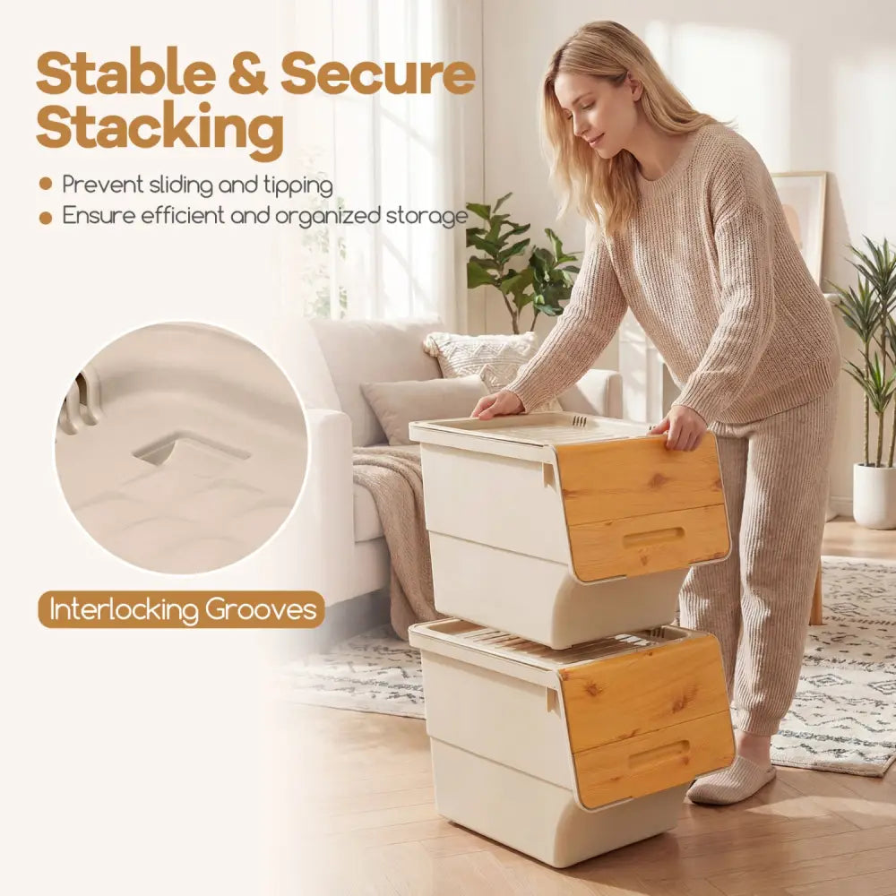 3 Pieces Storage Bins on Wheels Stackable Plastic Boxes with Stay-Open Lid (M)-Orange - Natural - Dressers & Chests