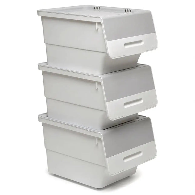 3 Pieces Storage Bins on Wheels Stackable Plastic Boxes with Stay-Open Lid (M)-Gray Costway