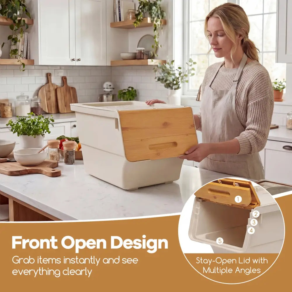 3 Pieces Storage Bins on Wheels Stackable Plastic Boxes with Stay-Open Lid (M)-Orange - Natural - Dressers & Chests