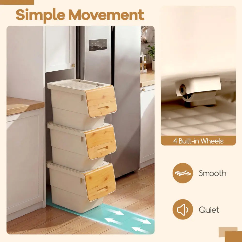 3 Pieces Storage Bins on Wheels Stackable Plastic Boxes with Stay-Open Lid (S)-Orange - Natural - Dressers & Chests