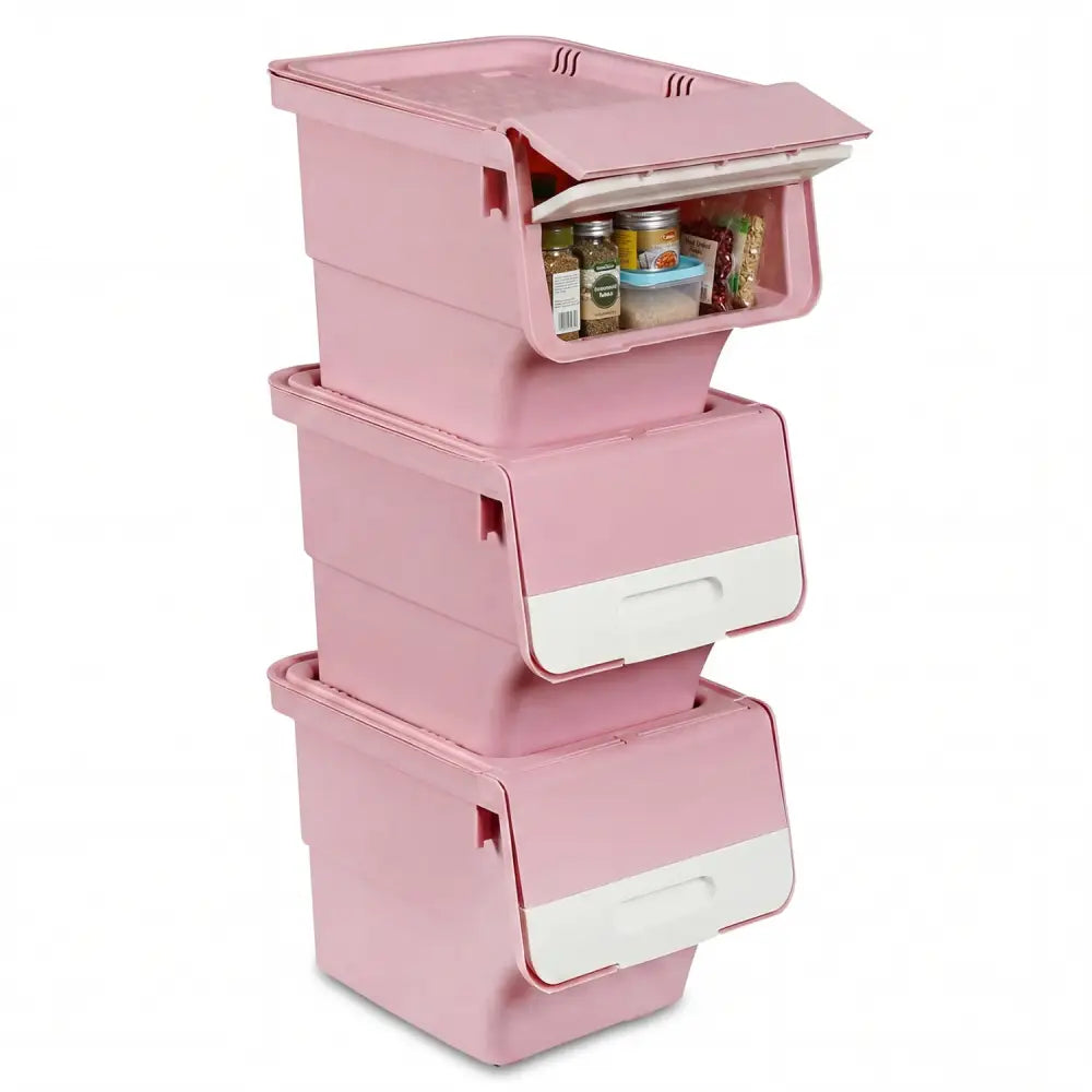 3 Pieces Storage Bins on Wheels Stackable Plastic Boxes with Stay-Open Lid (S)-Pink - Pink - Dressers & Chests