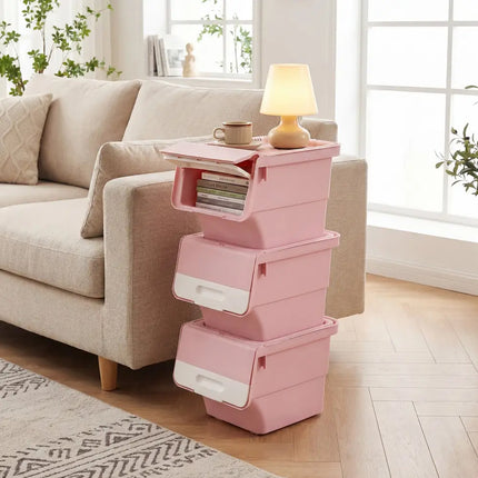 3 Pieces Storage Bins on Wheels Stackable Plastic Boxes with Stay-Open Lid (S)-Pink Costway