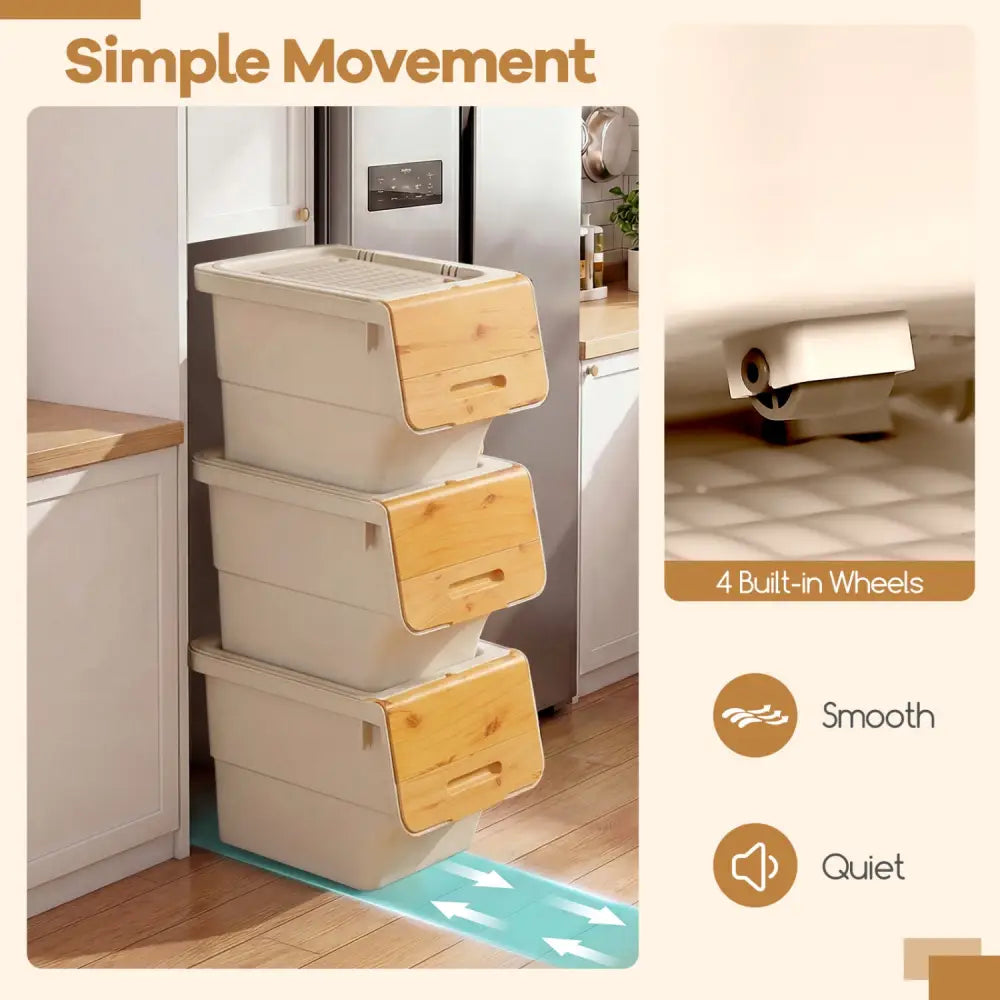3 Pieces Storage Bins on Wheels Stackable Plastic Boxes with Stay-Open Lid (M)-Orange - Natural - Dressers & Chests