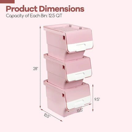 3 Pieces Storage Bins on Wheels Stackable Plastic Boxes with Stay-Open Lid (S)-Pink Costway