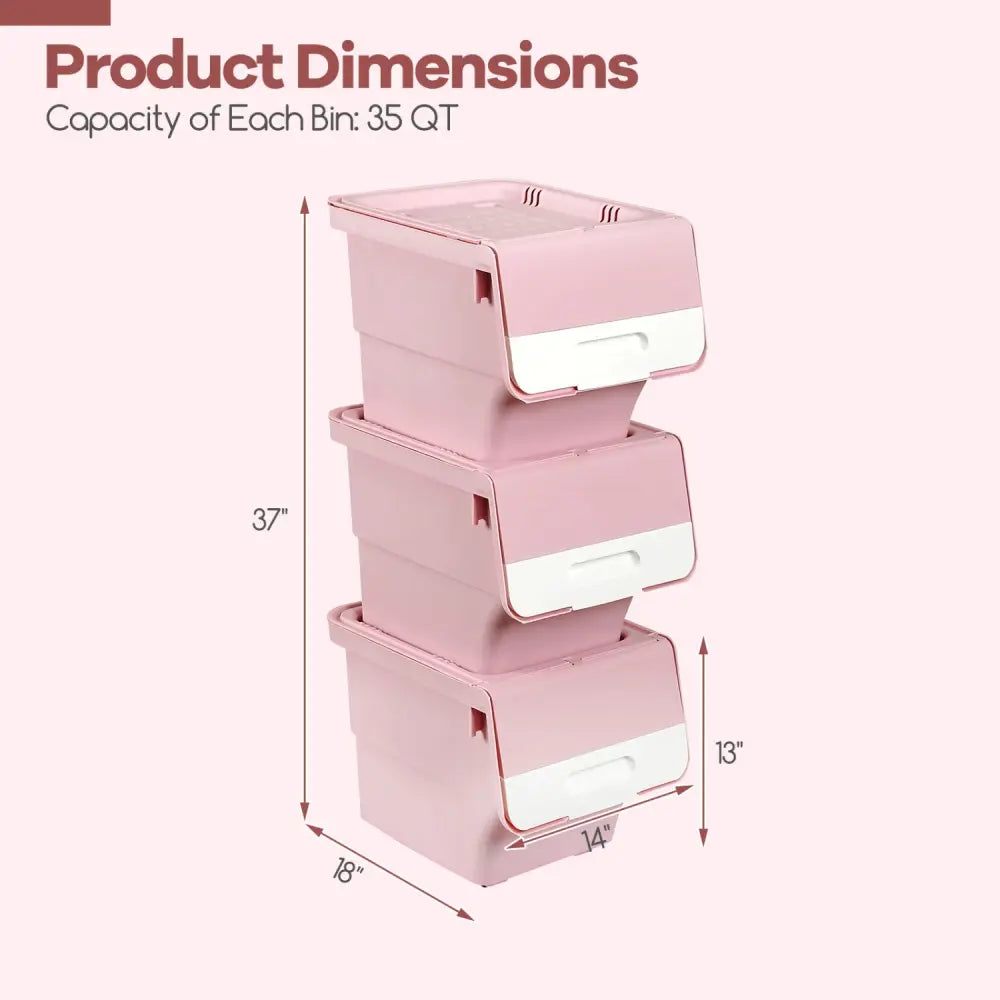 3 Pieces Storage Bins on Wheels Stackable Plastic Boxes with Stay-Open Lid (M)-Pink - Pink - Dressers & Chests