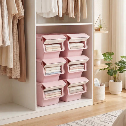 3 Pieces Storage Bins on Wheels Stackable Plastic Boxes with Stay-Open Lid (S)-Pink Costway