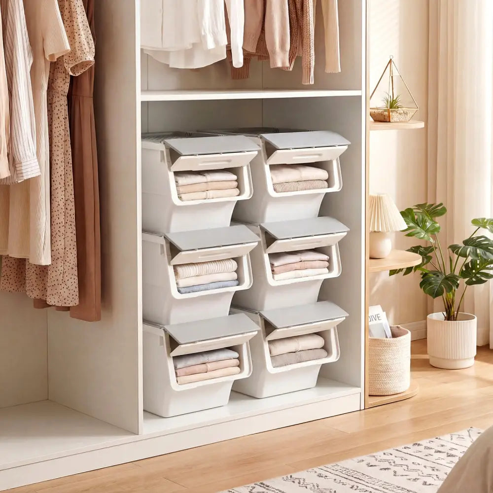 3 Pieces Storage Bins on Wheels Stackable Plastic Boxes with Stay-Open Lid (S)-Gray - Gray - Dressers & Chests