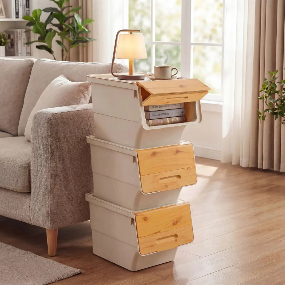 3 Pieces Storage Bins on Wheels Stackable Plastic Boxes with Stay-Open Lid (M)-Orange - Natural - Dressers & Chests