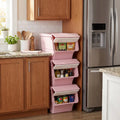 3 Pieces Storage Bins on Wheels Stackable Plastic Boxes with Stay-Open Lid (M)-Pink - Pink - Dressers & Chests