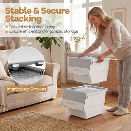 3 Pieces Storage Bins on Wheels Stackable Plastic Boxes with Stay-Open Lid (S)-Gray Costway