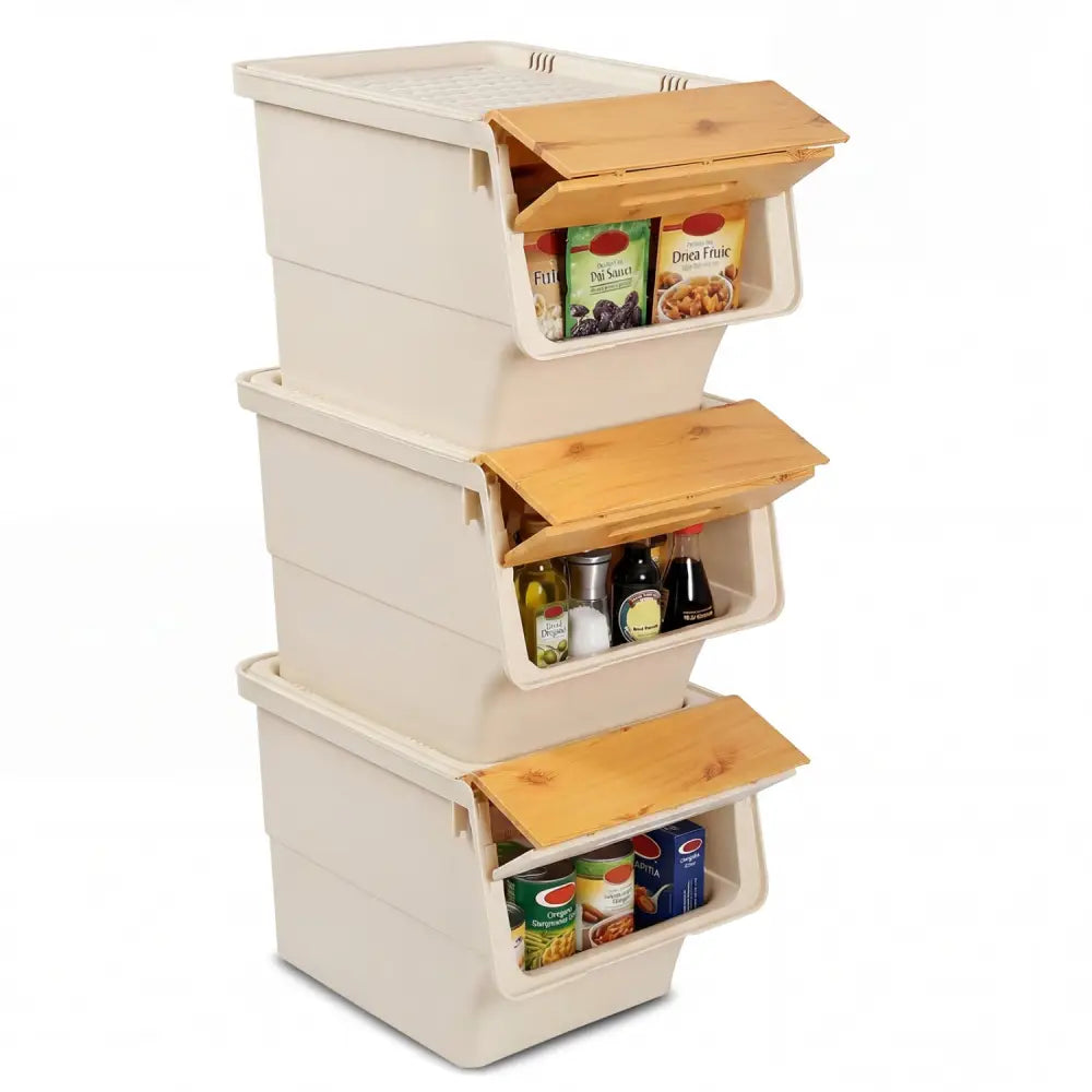 3 Pieces Storage Bins on Wheels Stackable Plastic Boxes with Stay-Open Lid (M)-Orange - Natural - Dressers & Chests