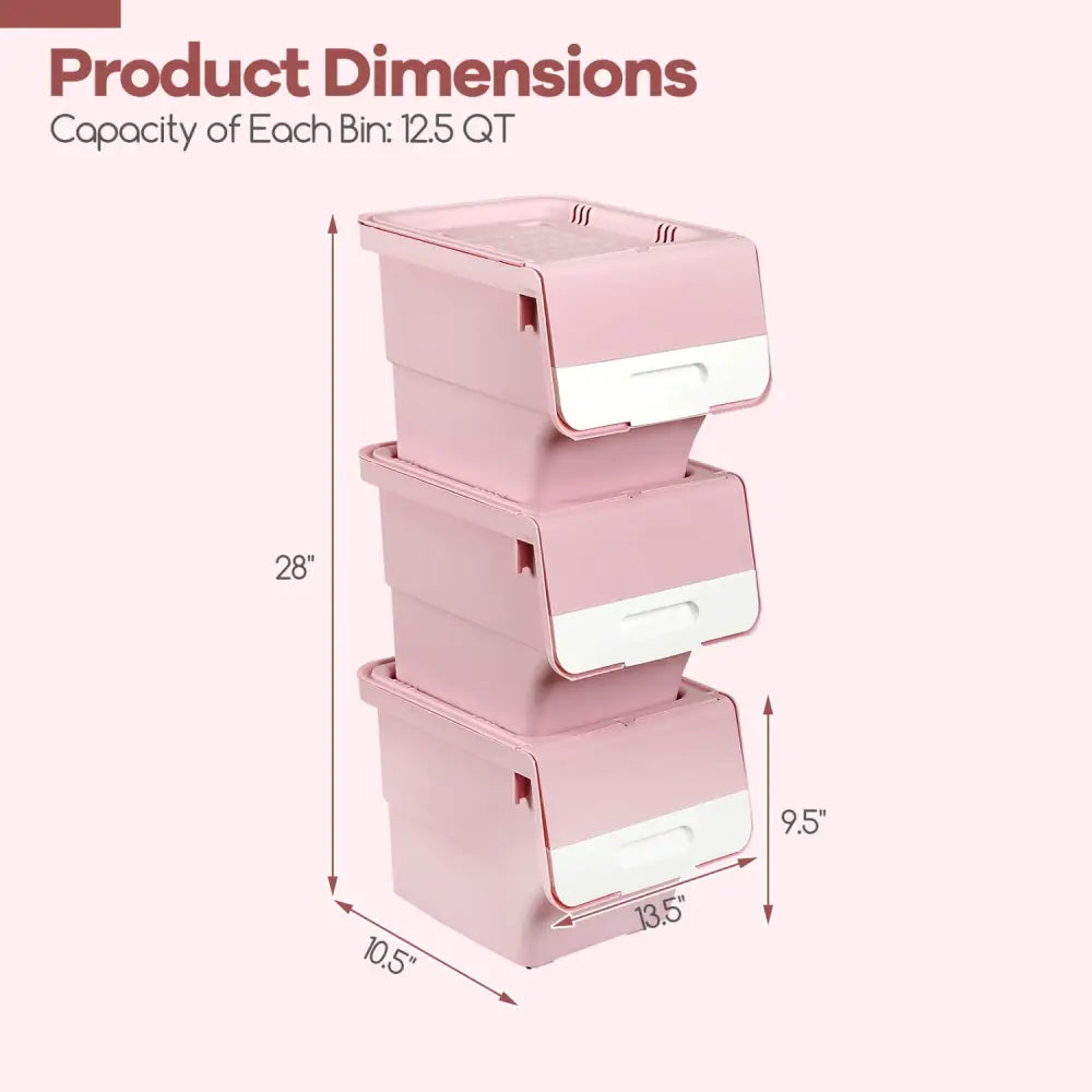 3 Pieces Storage Bins on Wheels Stackable Plastic Boxes with Stay-Open Lid (S)-Pink - Pink - Dressers & Chests