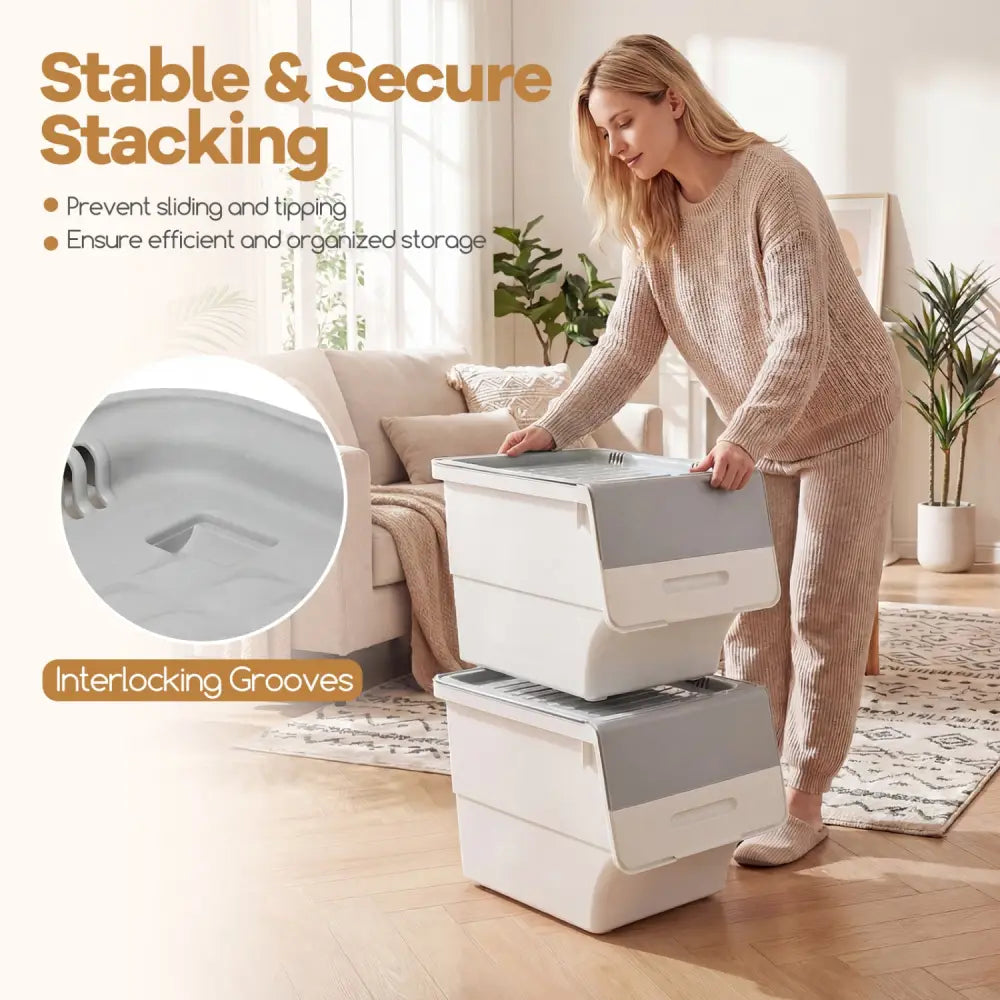 3 Pieces Storage Bins on Wheels Stackable Plastic Boxes with Stay-Open Lid (M)-Gray - Gray - Dressers & Chests