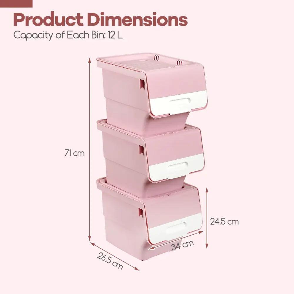 3 Pieces Storage Bins on Wheels Stackable Plastic Boxes with Stay-Open Lid (S)-Pink - Pink - Dressers & Chests