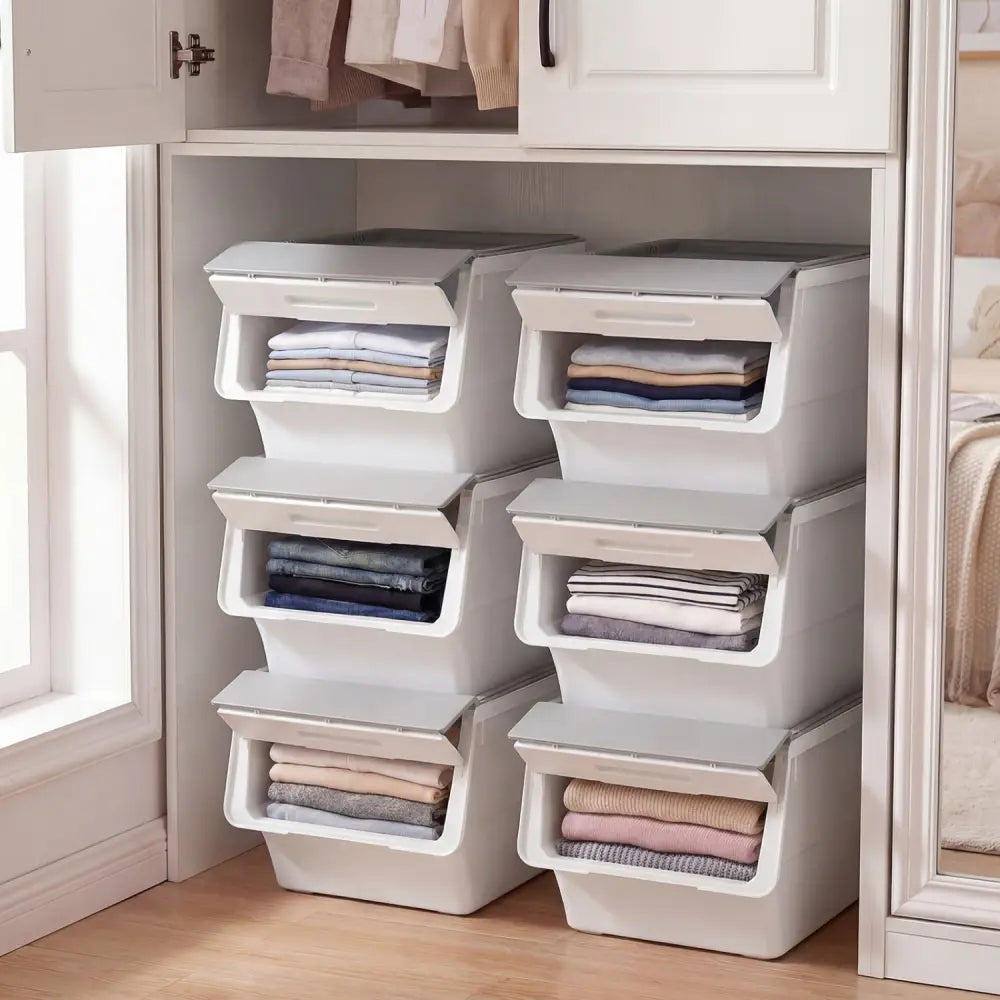 3 Pieces Storage Bins on Wheels Stackable Plastic Boxes with Stay-Open Lid (M)-Gray - Gray - Dressers & Chests
