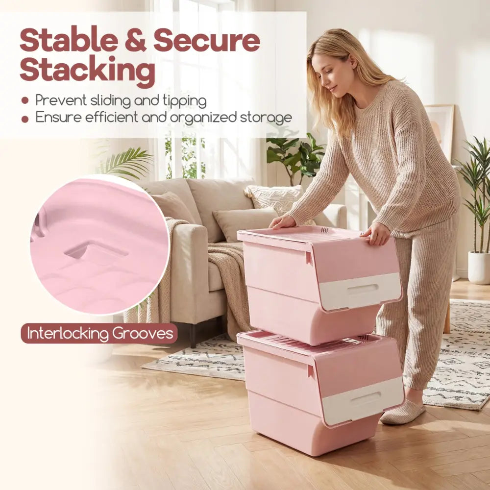 3 Pieces Storage Bins on Wheels Stackable Plastic Boxes with Stay-Open Lid (M)-Pink - Pink - Dressers & Chests