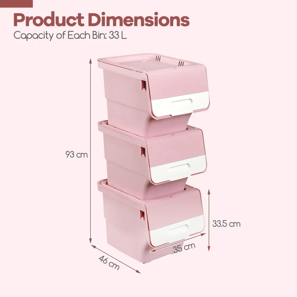 3 Pieces Storage Bins on Wheels Stackable Plastic Boxes with Stay-Open Lid (M)-Pink - Pink - Dressers & Chests