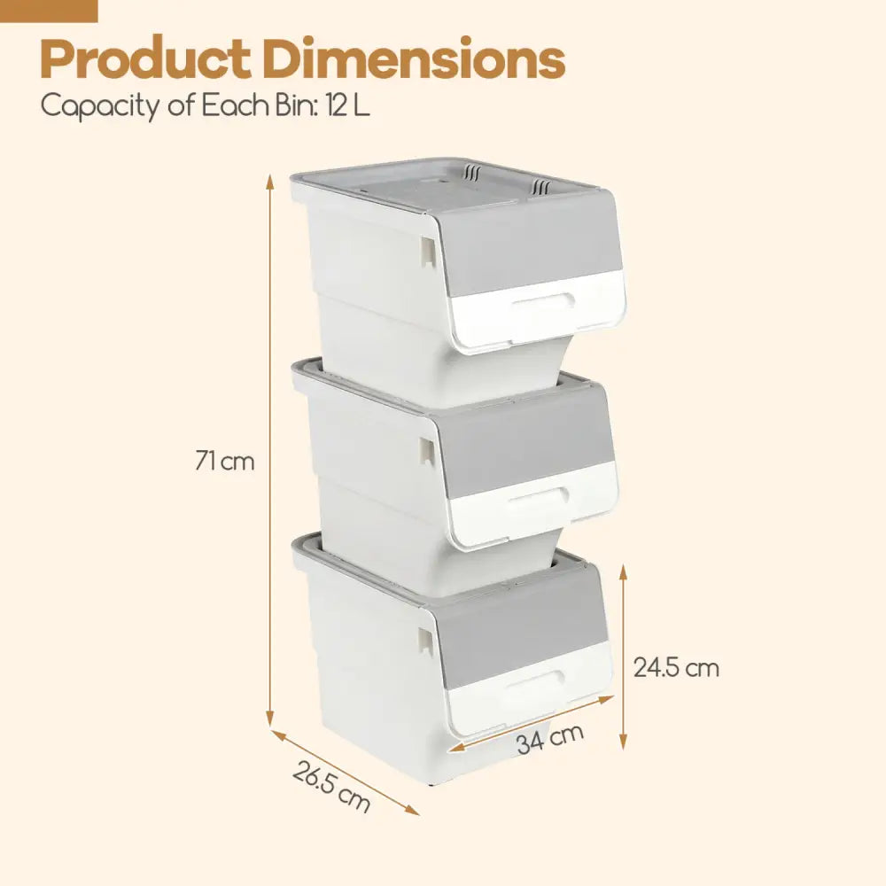 3 Pieces Storage Bins on Wheels Stackable Plastic Boxes with Stay-Open Lid (S)-Gray - Gray - Dressers & Chests