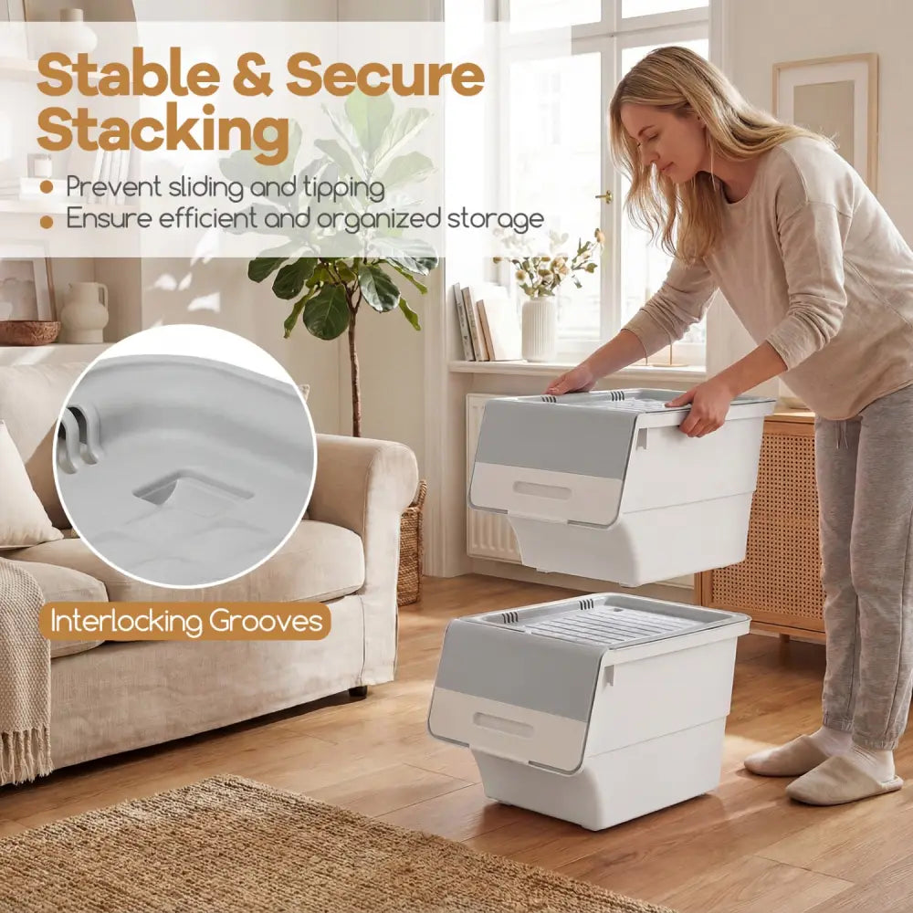3 Pieces Storage Bins on Wheels Stackable Plastic Boxes with Stay-Open Lid (S)-Gray - Gray - Dressers & Chests