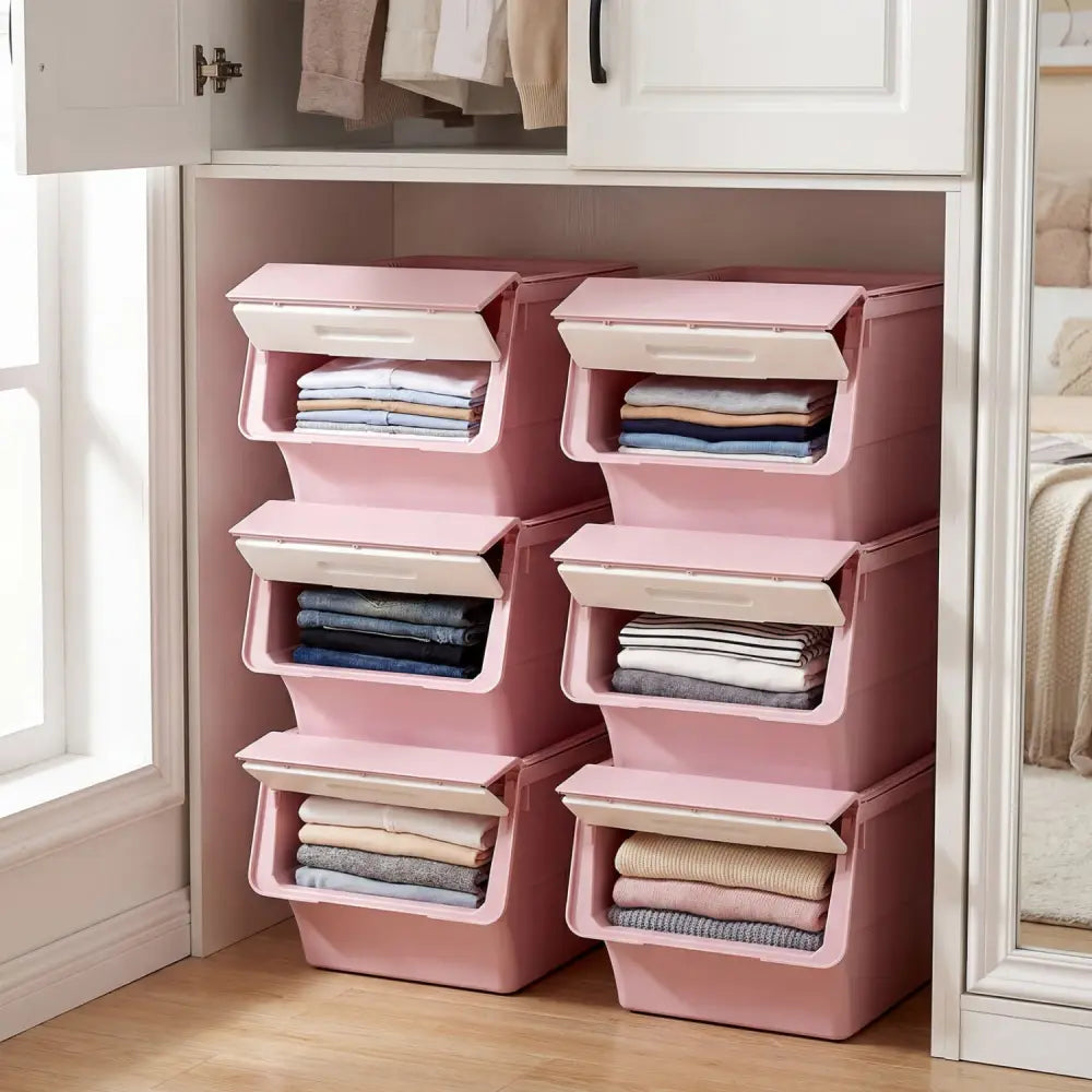 3 Pieces Storage Bins on Wheels Stackable Plastic Boxes with Stay-Open Lid (M)-Pink - Pink - Dressers & Chests