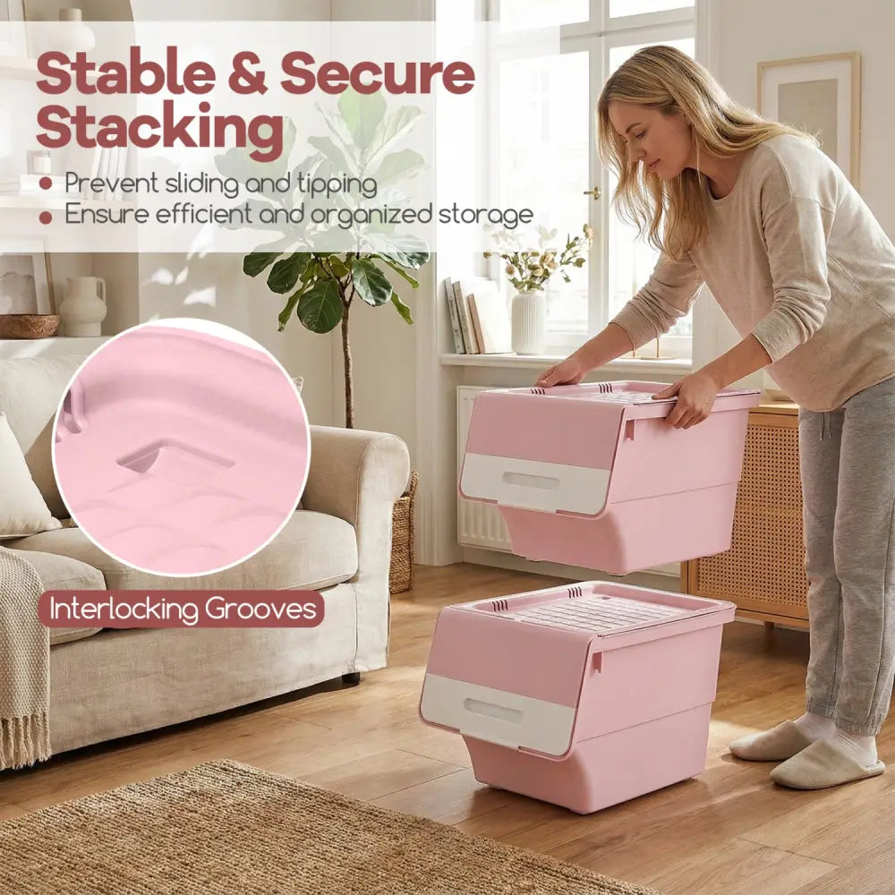 3 Pieces Storage Bins on Wheels Stackable Plastic Boxes with Stay-Open Lid (S)-Pink - Pink - Dressers & Chests
