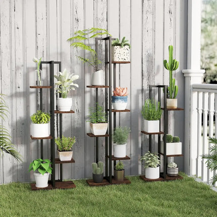 3 Pieces Tall Wood Plant Stand Set 4 + 5 + 6-Tier Indoor Flower Stands-Rustic Brown - Rustic Brown - Plant Stands
