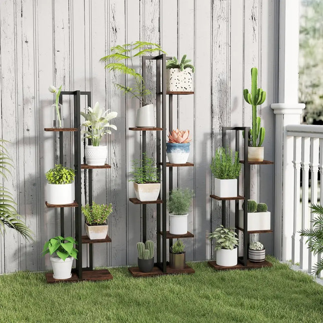 3 Pieces Tall Wood Plant Stand Set 4 + 5 + 6-Tier Indoor Flower Stands-Rustic Brown - Rustic Brown - Plant Stands