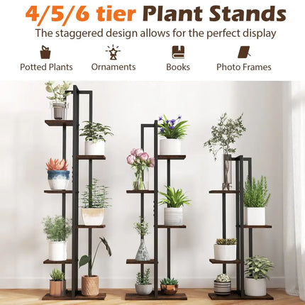3 Pieces Tall Wood Plant Stand Set 4 + 5 + 6-Tier Indoor Flower Stands-Rustic Brown - Rustic Brown - Plant Stands