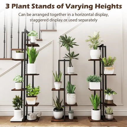 3 Pieces Tall Wood Plant Stand Set 4 + 5 + 6-Tier Indoor Flower Stands-Rustic Brown - Rustic Brown - Plant Stands