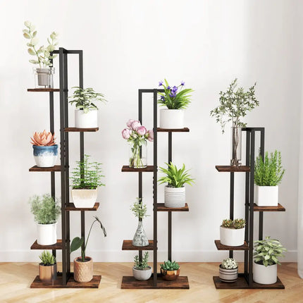 3 Pieces Tall Wood Plant Stand Set 4 + 5 + 6-Tier Indoor Flower Stands-Rustic Brown - Rustic Brown - Plant Stands