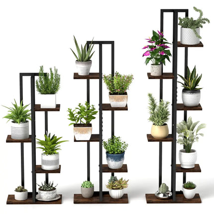 3 Pieces Tall Wood Plant Stand Set 4 + 5 + 6-Tier Indoor Flower Stands-Rustic Brown - Rustic Brown - Plant Stands