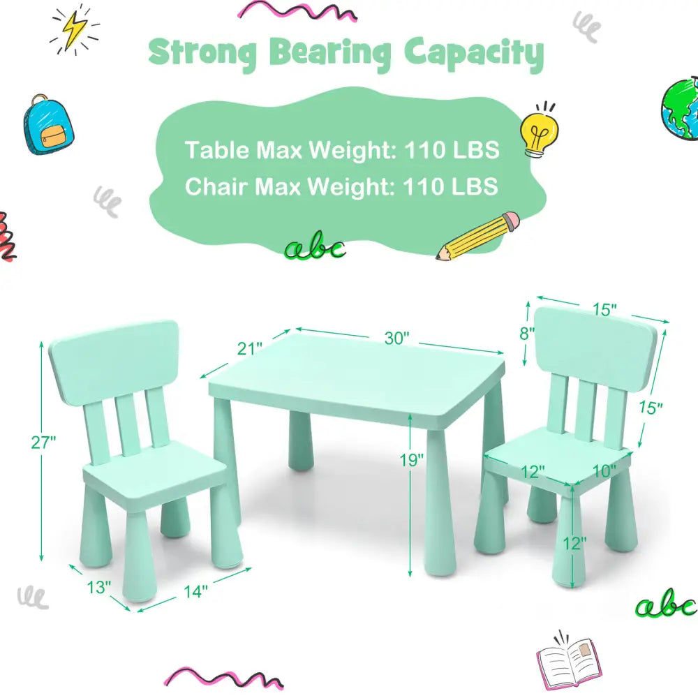 3 Pieces Toddler Multi Activity Play Dining Study Kids Table and Chair Set-Green - Green - Kids Table & Chair Sets