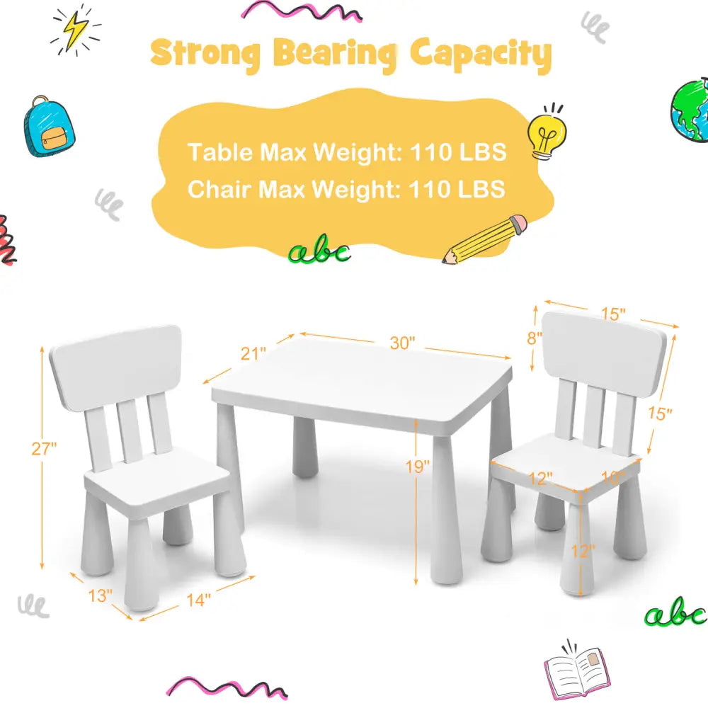 3 Pieces Toddler Multi Activity Play Dining Study Kids Table and Chair Set-White - White - Kids Table & Chair Sets