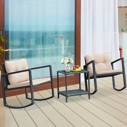 3 Pieces Wicker Rocking Bistro Set with Glass Coffee Table and Storage Shelf-Beige - Beige - Patio Conversation Sets