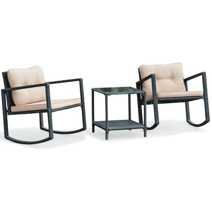 3 Pieces Wicker Rocking Bistro Set with Glass Coffee Table and Storage Shelf-Beige - Beige - Patio Conversation Sets