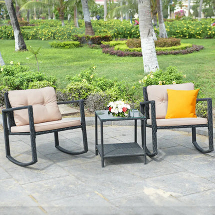 3 Pieces Wicker Rocking Bistro Set with Glass Coffee Table and Storage Shelf-Beige - Beige - Patio Conversation Sets