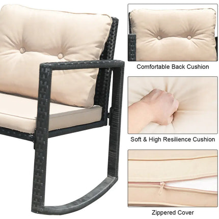 3 Pieces Wicker Rocking Bistro Set with Glass Coffee Table and Storage Shelf-Beige - Beige - Patio Conversation Sets