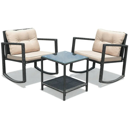 3 Pieces Wicker Rocking Bistro Set with Glass Coffee Table and Storage Shelf-Beige - Beige - Patio Conversation Sets
