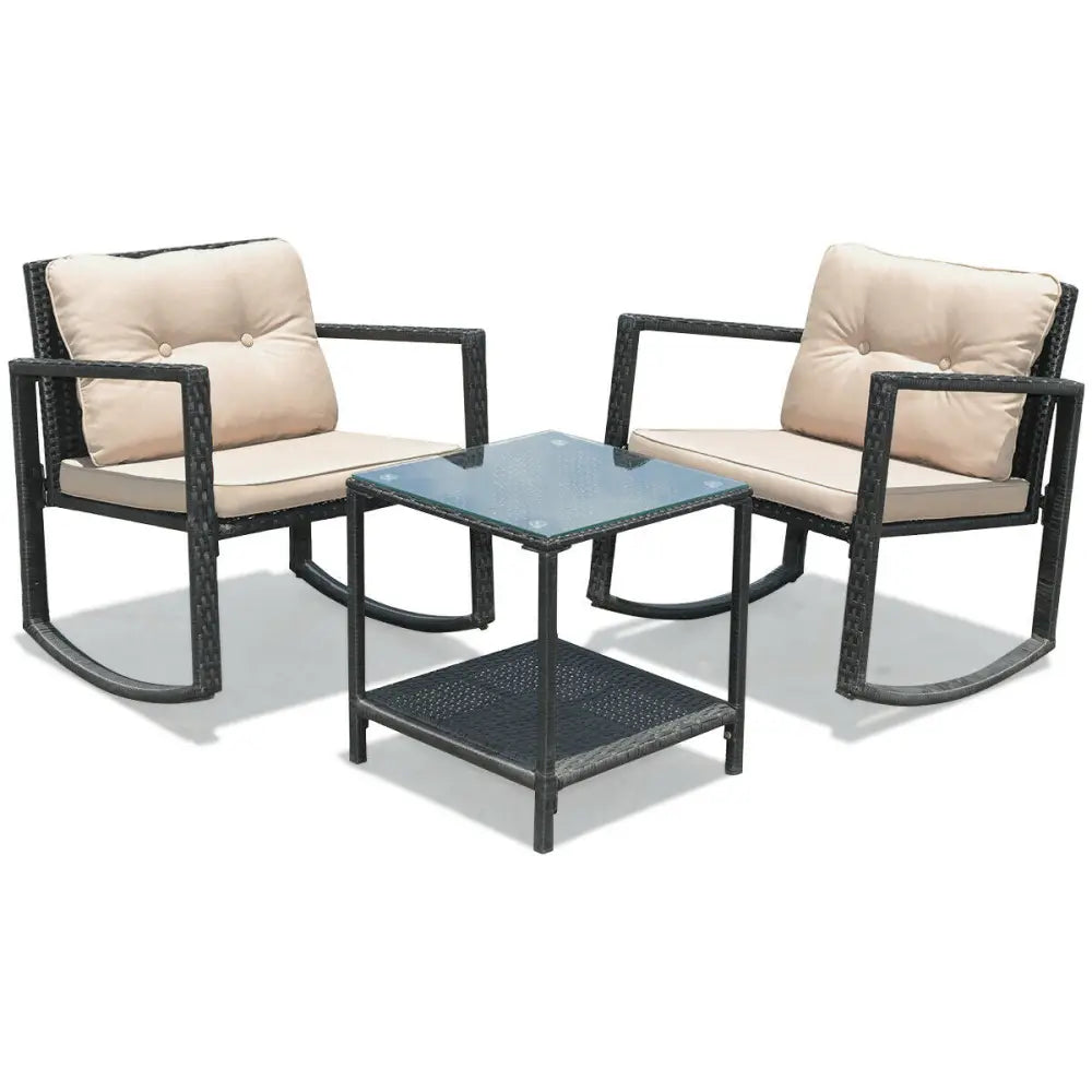 3 Pieces Wicker Rocking Bistro Set with Glass Coffee Table and Storage Shelf-Beige - Beige - Patio Conversation Sets