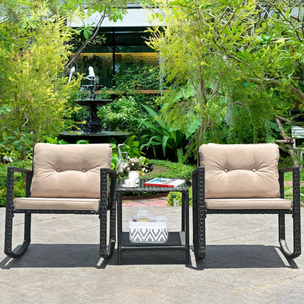 3 Pieces Wicker Rocking Bistro Set with Glass Coffee Table and Storage Shelf-Beige - Beige - Patio Conversation Sets