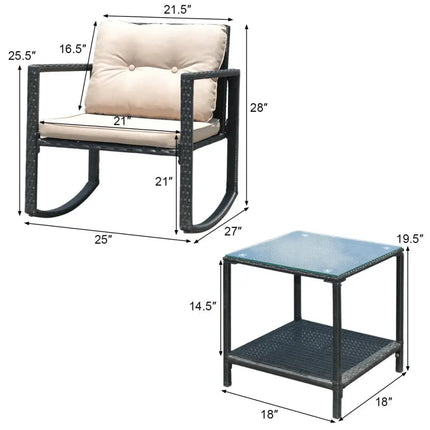 3 Pieces Wicker Rocking Bistro Set with Glass Coffee Table and Storage Shelf-Beige - Beige - Patio Conversation Sets