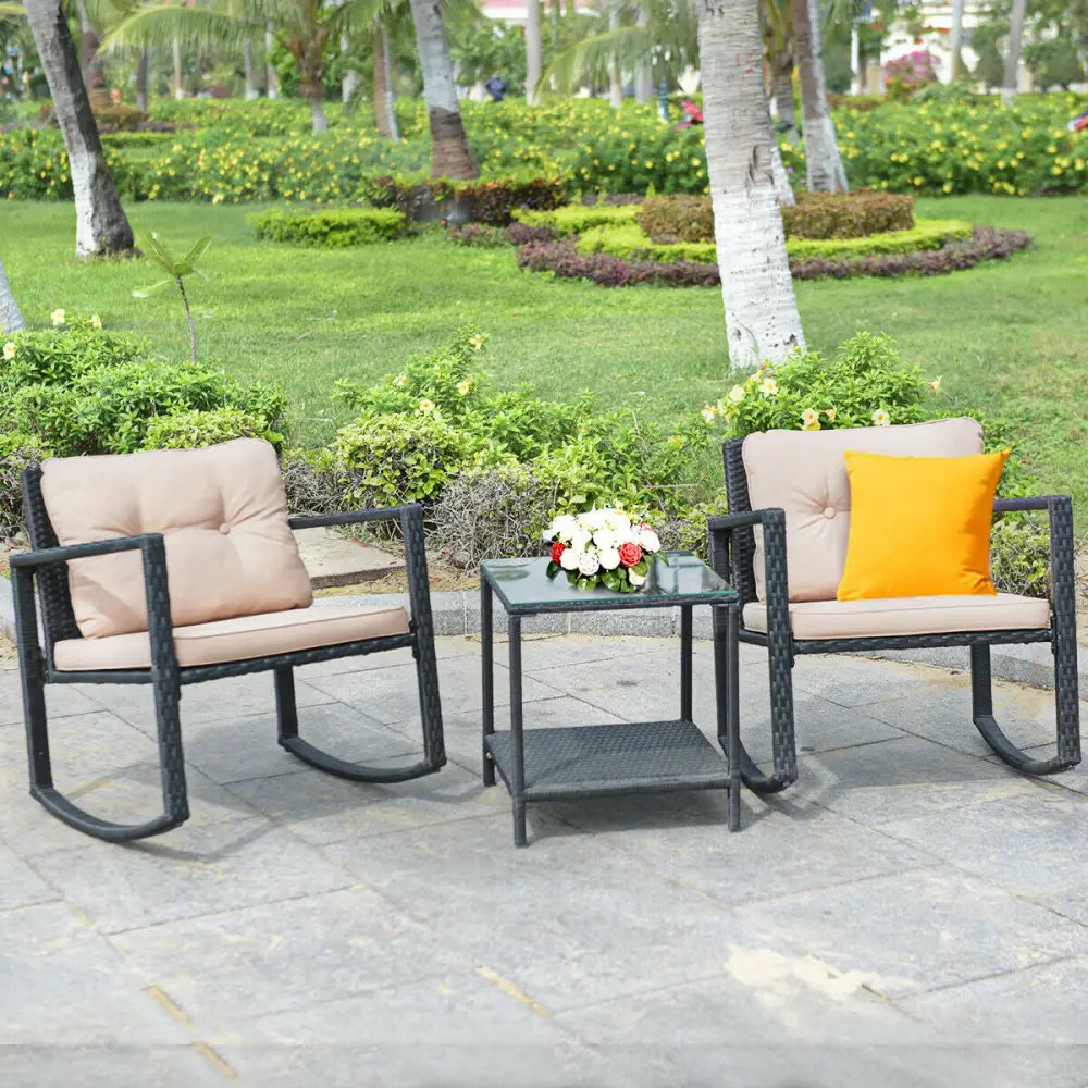 3 Pieces Wicker Rocking Bistro Set with Glass Coffee Table and Storage Shelf-Beige - Beige - Patio Conversation Sets